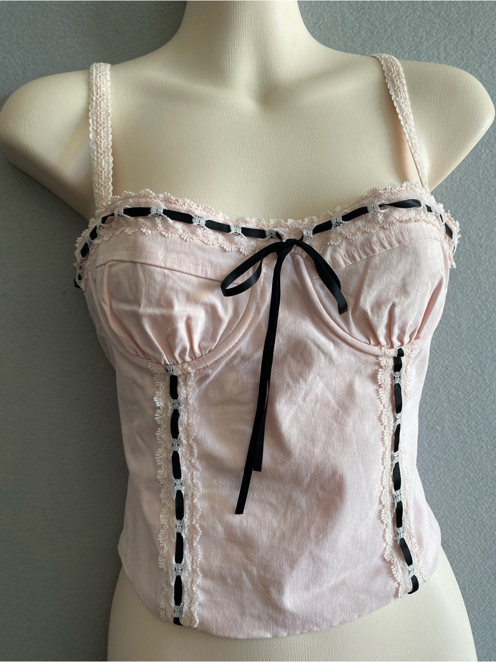 Delicate Lace-Trim Pink Bustier Tank with Black Ribbon